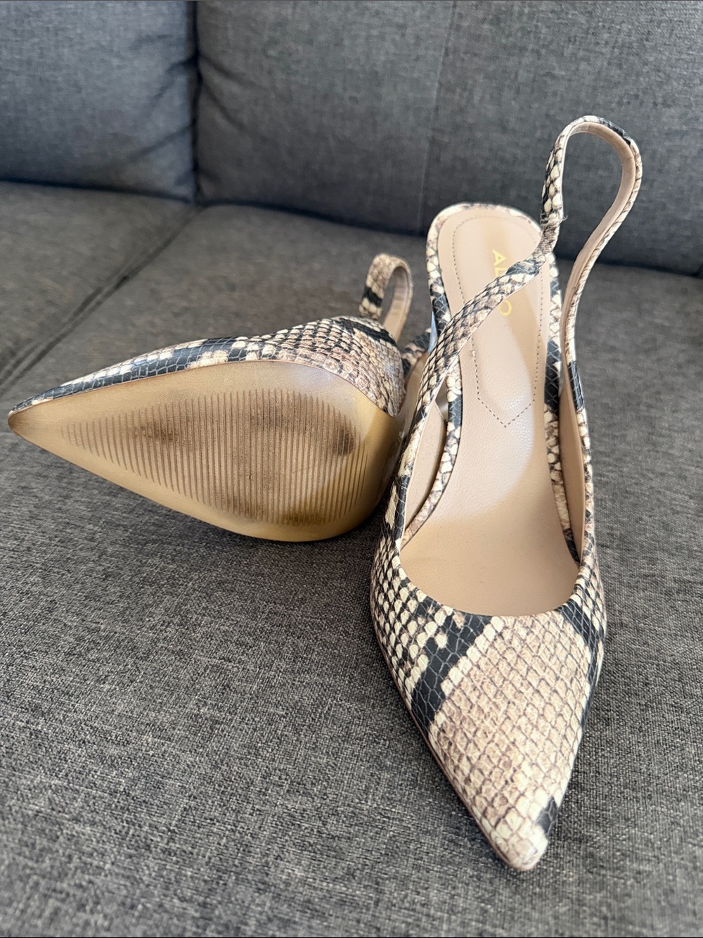 Aldo Neutral Snake-Print Slingback Pumps with Clear Heel - Picture 3 of 5